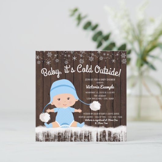 Baby zijn koude buiten jongen Baby shower uitnodig Kaart (Staand voorkant)