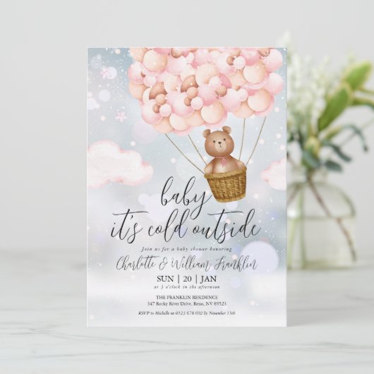 Baby zijn koude Teddy Bear Pink Winter Baby shower Kaart (Staand voorkant)