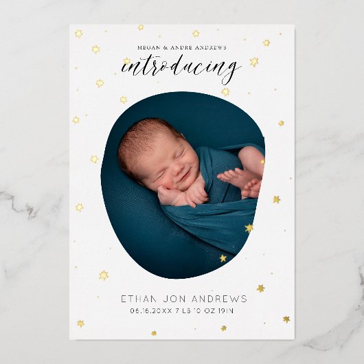 Babyaankondiging met Scripted-sterren Folie Uitnodiging (Voorkant)
