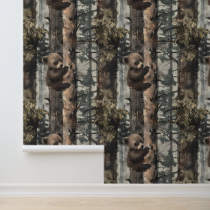 Babybeer klimt in boom Hout bos Behang