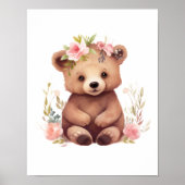 Babybeer Roze Bloemen Watercolor Kinderkamer Muur  Poster (Voorkant)