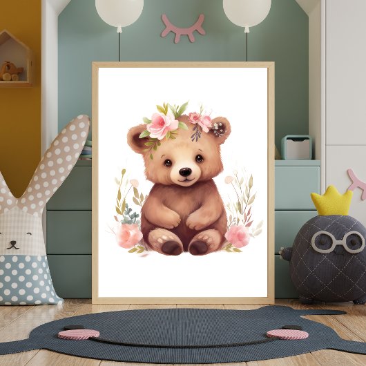 Babybeer Roze Bloemen Watercolor Kinderkamer Muurk Poster
