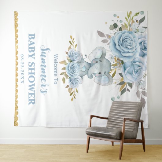 Babyblauw bloemig zoete olifant jongen baby shower wandkleed (In Situ (horizontaal))