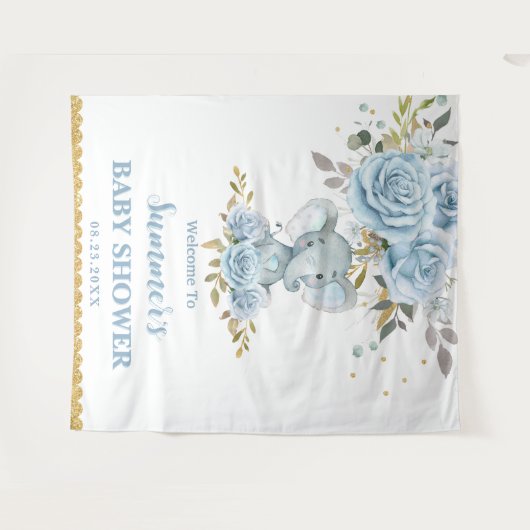 Babyblauw bloemig zoete olifant jongen baby shower wandkleed (Voorkant (horizontaal))
