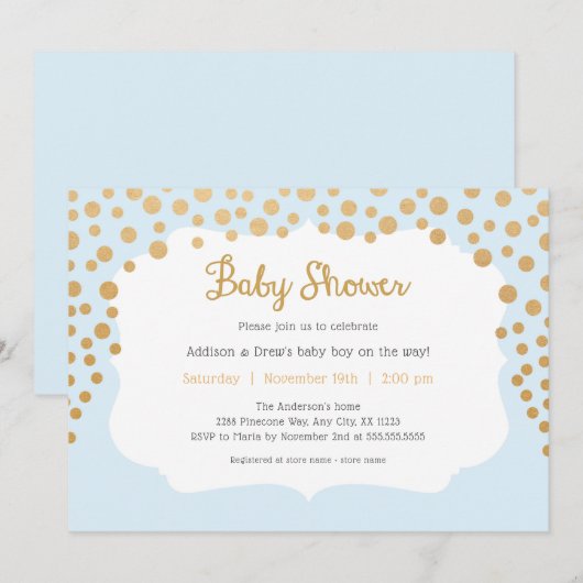 Babyblauw en bruin baby shower kaart (Voorkant / Achterkant)