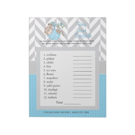 Babyblauw en grijs Baby shower Notitieblok (Linkerzijde)