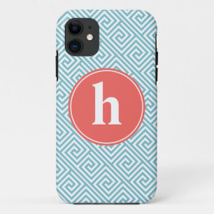 Babyblauw en oranje Griekse sleutelpatroon monogra Case-Mate iPhone Case