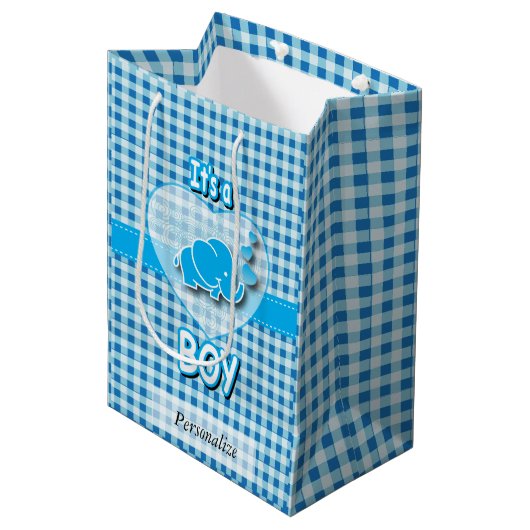 Babyblauw en witte geplakt Baby Medium Cadeauzakje (Voorkant Gekanteld)