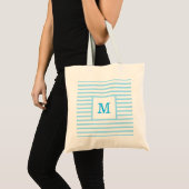 Babyblauw en witte strepen op maat monogram tote bag (Voorkant (product))