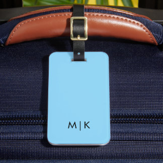 Babyblauw en zwart modern monogram bagagelabel