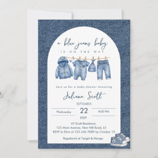 Babyblauw jeans denim kledinglijn babyfeestje kaart
