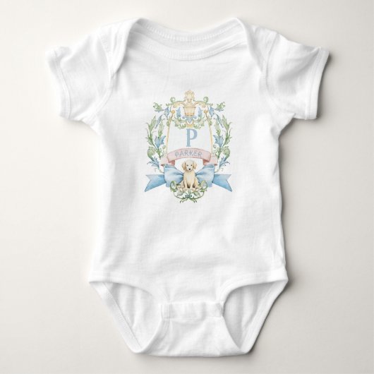 Babyblauw lint Puppy Baby Monogram Wapen  Romper (Voorkant)