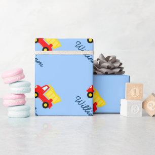 Babyblauw verpakkingspapier met vuilniswagen cadeaupapier
