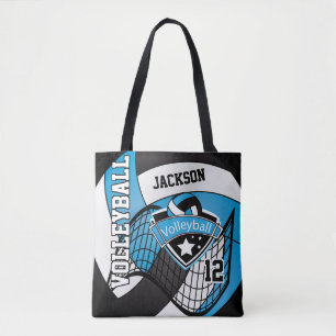 Babyblauw, zwart en wit volleybal tote bag