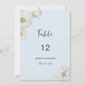 Babyblauwe gouden glitters pioenroos bloemige tafe kaart (Voorkant)