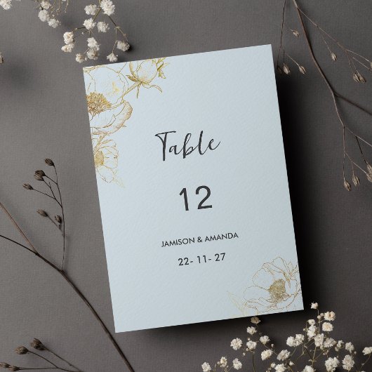 Babyblauwe gouden glitters pioenroos bloemige tafe kaart