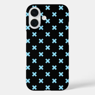 Babyblauwe kruissteken op zwart iPhone 16 hoesje