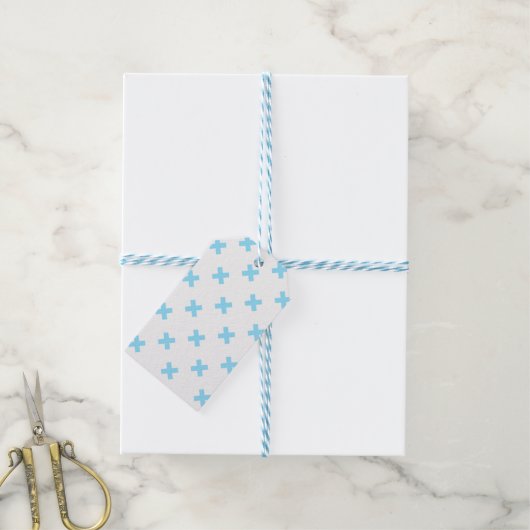 Babyblauwe kruisstiften op wit cadeaulabel (Met Touw)