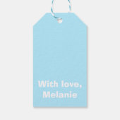 Babyblauwe kruisstiften op wit cadeaulabel (Achterkant)