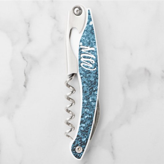 Babyblauwe nepschitterende glitters Monogram Kurkentrekker (Voorkant)