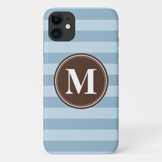 Babyblauwe strepen met bruin monogram Case-Mate iPhone case (Achterkant)