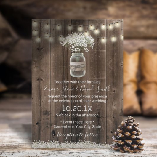 Babybloem Floral Jar Rustic Barn Wood Wedding Kaart