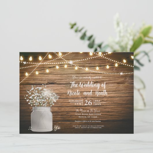 Babybloem in Rustic Mason Jar & Lights Kaart (Staand voorkant)