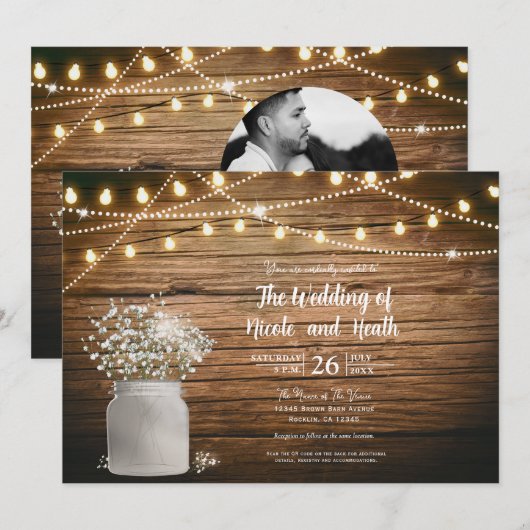 Babybloem in Rustic Mason Jar & Lights Kaart (Voorkant / Achterkant)