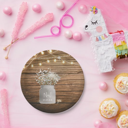 Babybloem in Rustic Mason Jar & Lights Papieren Bordje (Feest)