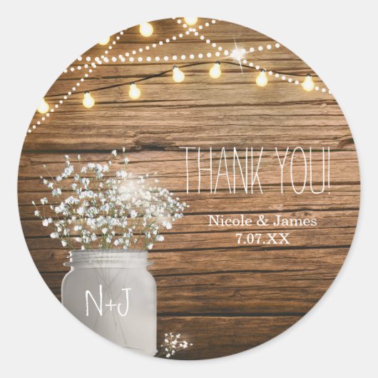Babybloem in Rustic Mason Jar & Lights Ronde Sticker (Voorkant)