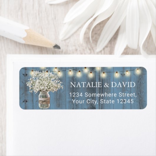 Babybloesem Jar Rustic Dusty Blue Wedding Etiket (Insitu)