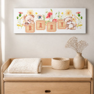 Babyblokken, beren en wilde bloemen opgespannen canvas afdruk