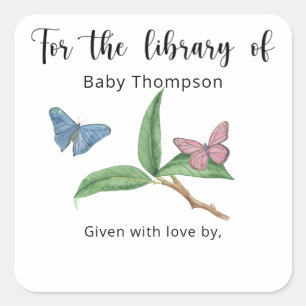 Babyboekplaat voor vlindertje baby shower, boeken  vierkante sticker
