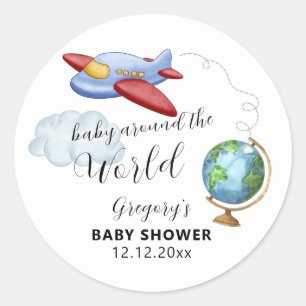 Babyborrel Kaart Wereld Rond Vliegtuig Jongen Ronde Sticker