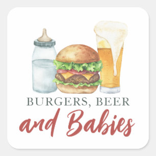 Babyborrel met baby's, hamburgers en bier vierkante sticker