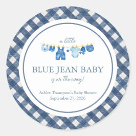 Babyborrel met blauwe jeans ronde sticker