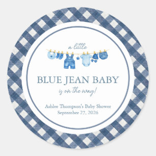 Babyborrel met blauwe jeans ronde sticker