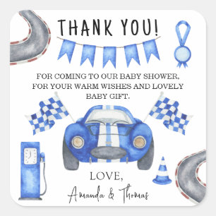 Babyborrel met raceauto thema - dank je vierkante sticker