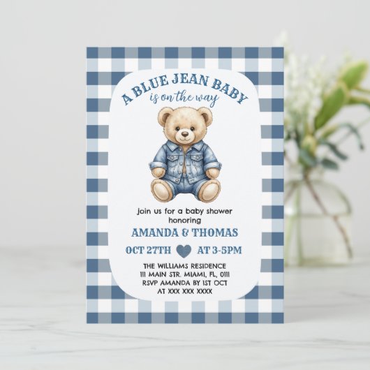 Babyborrel uitnodiging Blue Jean Bear (Staand voorkant)