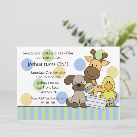 Babydieren 1e verjaardag kaart (Staand voorkant)