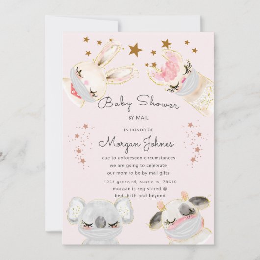 babydieren maskeren Baby shower per postuitnodigin (Voorkant)