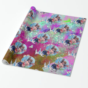 BABYFAE MET DUIVEN IN PAARS TEAL BLAUW GLINSTERING CADEAUPAPIER