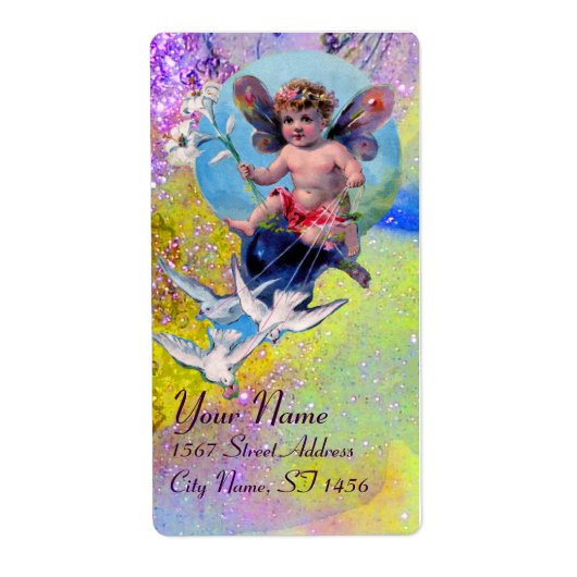 BABYFAIRY MET DUIVEN IN GLITTER violet geel Etiket (Voorkant)