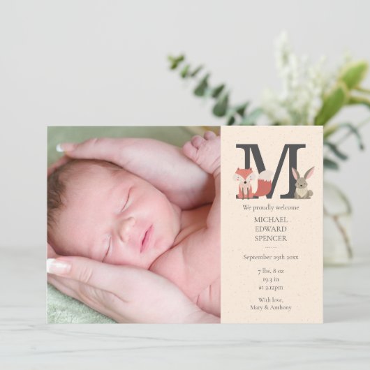 Babyfoto bosdieren Monogram Geboorte Aankondiging (Staand voorkant)