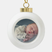 Babyfoto Eerste Kerst Script Keramische Bal Ornament (Voorkant)
