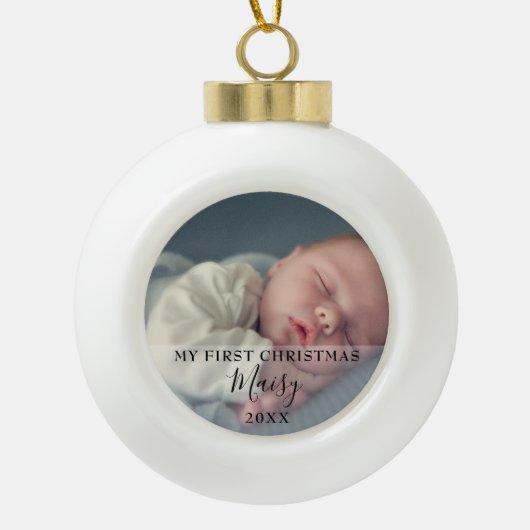 Babyfoto Eerste Kerst Script Keramische Bal Ornament (Voorkant)