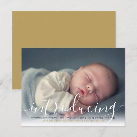 Babyfoto Elegante Script Introductie Gouden Geboor Aankondigingskaart (Voorkant / Achterkant)