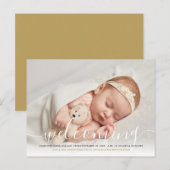 Babyfoto Elegante Script Welkom Goud Geboorte Aankondigingskaart (Voorkant / Achterkant)