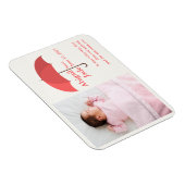 Babyfoto met naam en datum onder rode paraplu magneet (Rechterzijde)