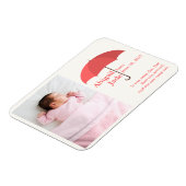 Babyfoto met naam en datum onder rode paraplu magneet (Linkerzijde)